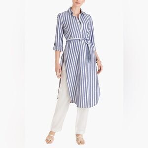 Chicos - Striped Linen-Blend Maxi Tunic long sleeve button down roll tabs